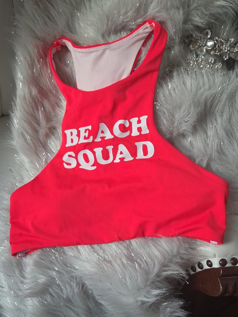 Beach Squad Neon Coral/ Red Crop Tank Swim Top